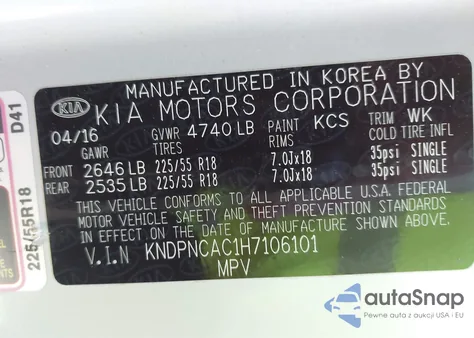 2017 Kia Sportage Ex из США, поврежденный, VIN KNDPNCAC1H7106101